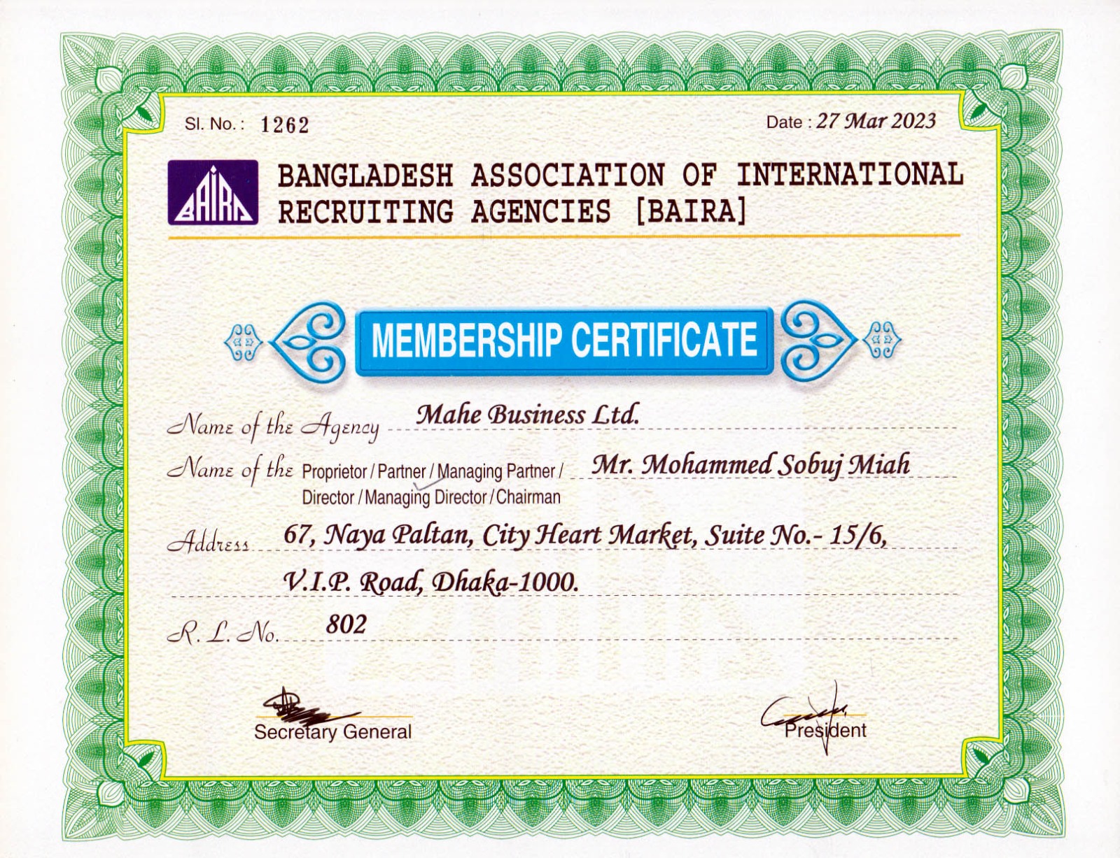 BAIRA MEMBERSHIP CERTIFICATE Paper